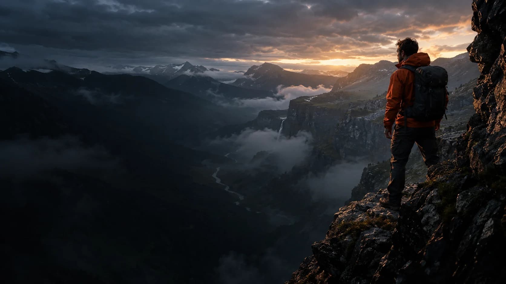 Creative reference of an adventurer in an orange jacket above a misty mountain valley and waterfall; not a Kling-generated result
