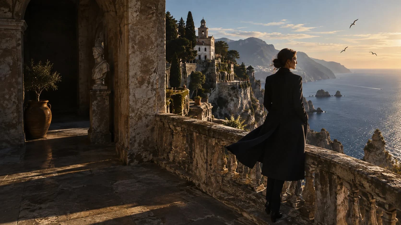 Original creative reference of a traveler on a sunlit coastal balcony; not a Kling-generated result