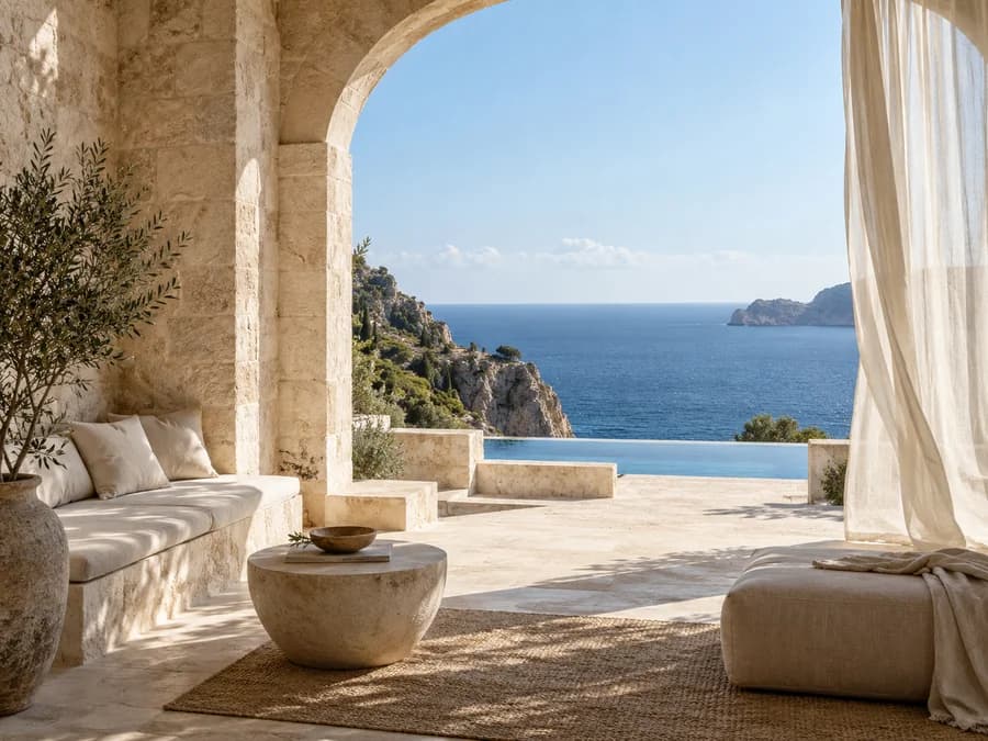 Limestone courtyard overlooking the sea, original architectural creative reference; not a Kling output