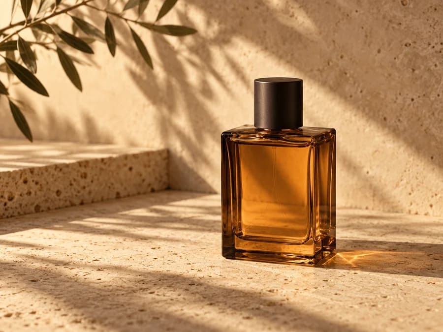 Amber glass bottle on travertine in warm sunlight, original creative reference; not a Kling output
