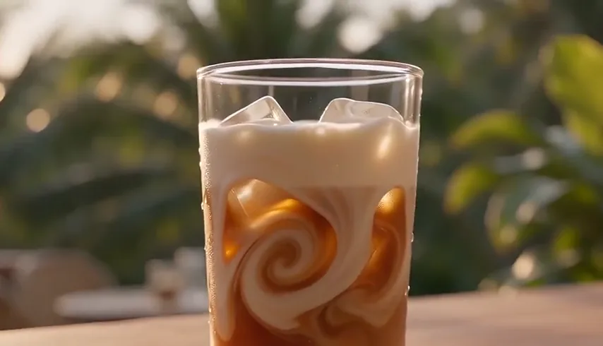 Close-up of cream swirling through iced coffee