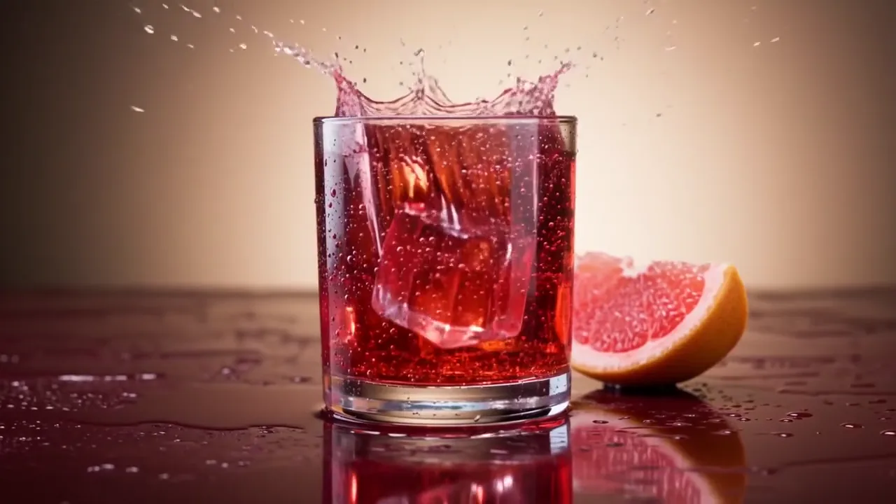 Ruby grapefruit soda splashing in a product advertising scene