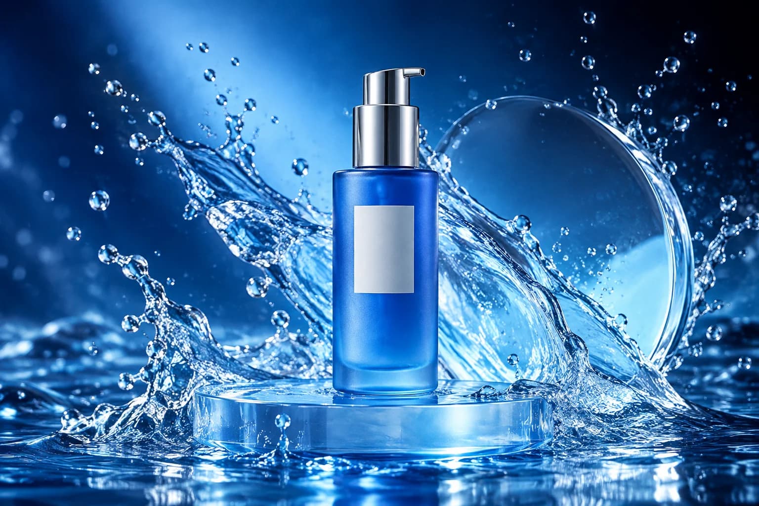 Skincare campaign concept featuring a blue serum bottle and suspended water