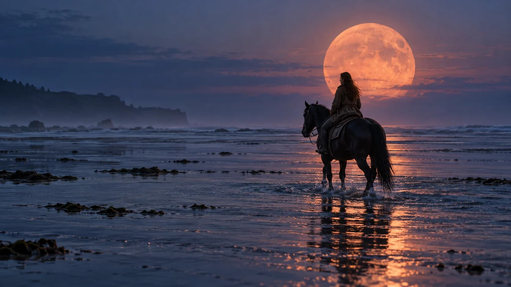 Creative reference artwork: a rider on a dark horse crosses reflective coastal water beneath a coral moon at blue hour