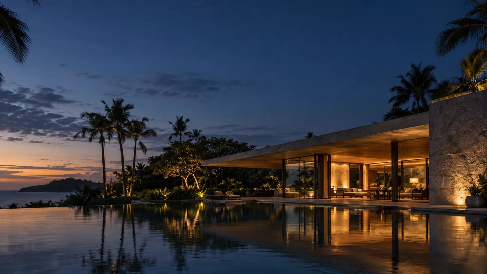 Creative reference artwork: tropical modern architecture and a reflecting pool at dusk