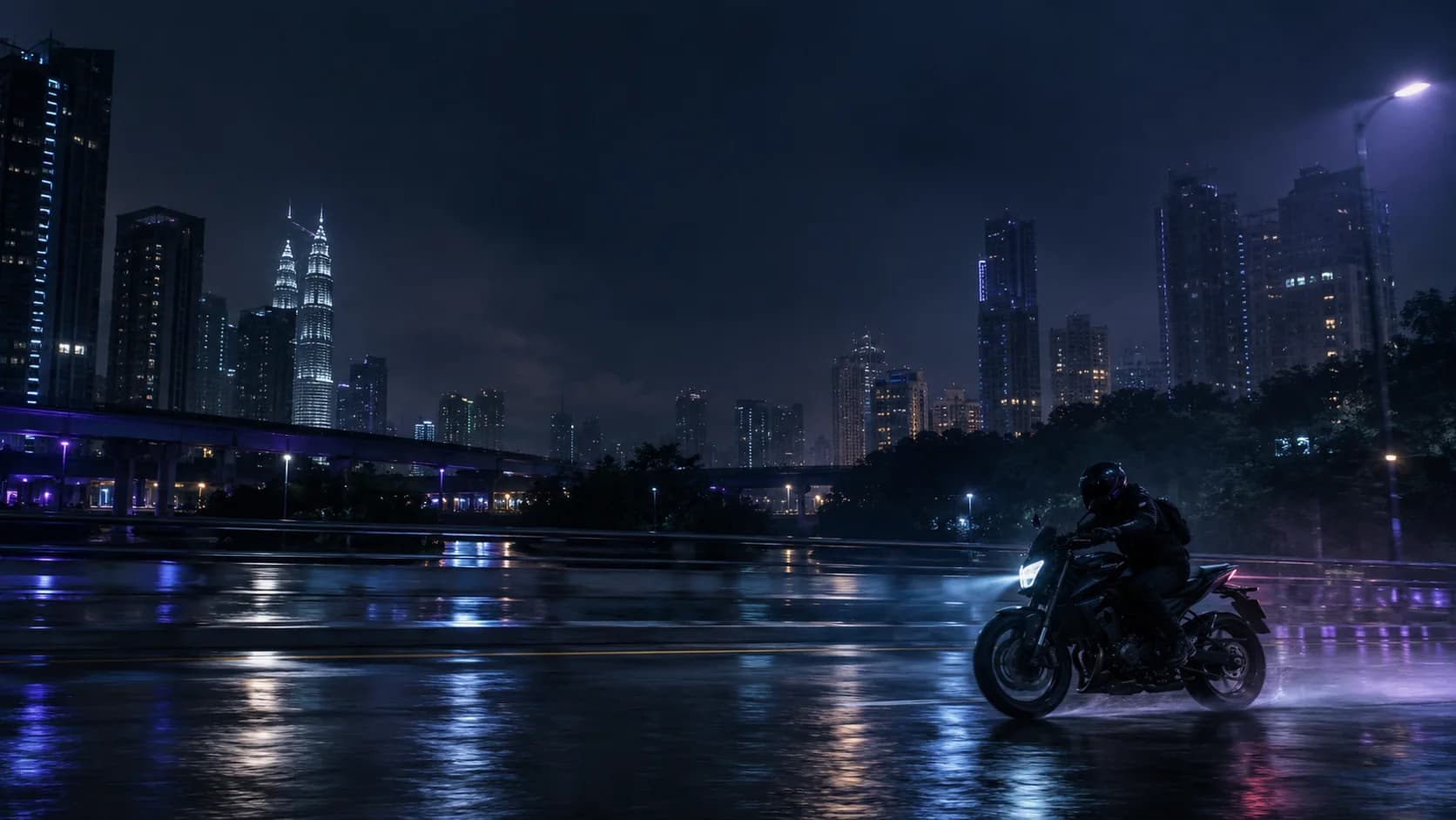 Creative reference artwork: a motorcyclist passes through a neon-lit city street at night