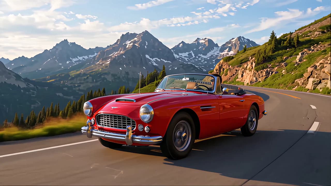 A red classic convertible driving along a mountain road