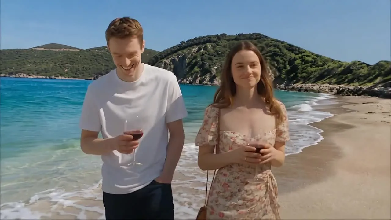 A couple holding drinks while walking along a beach.