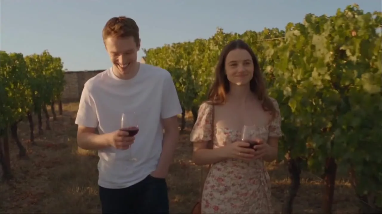 A couple walking through a vineyard in the source clip