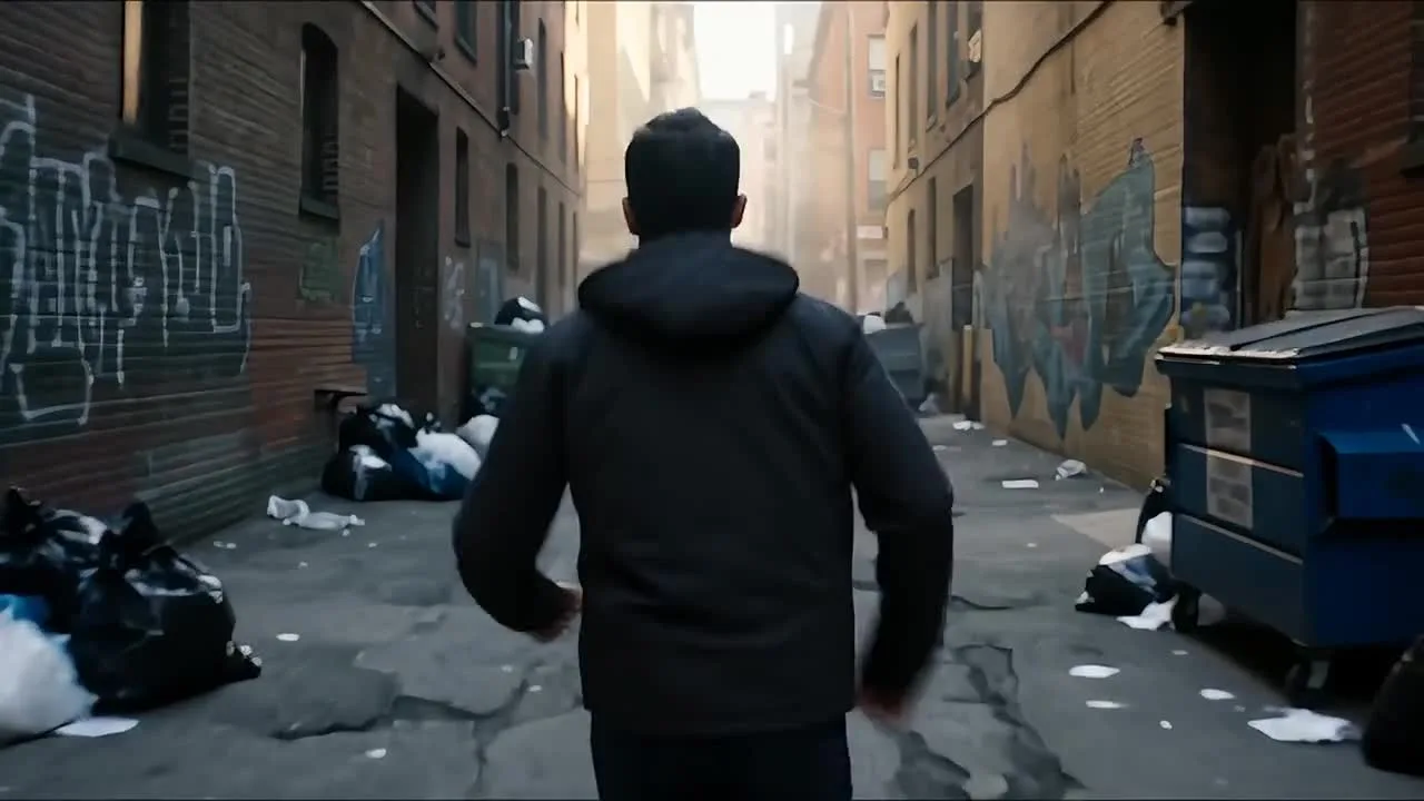 A runner moving through a city alley in the source clip