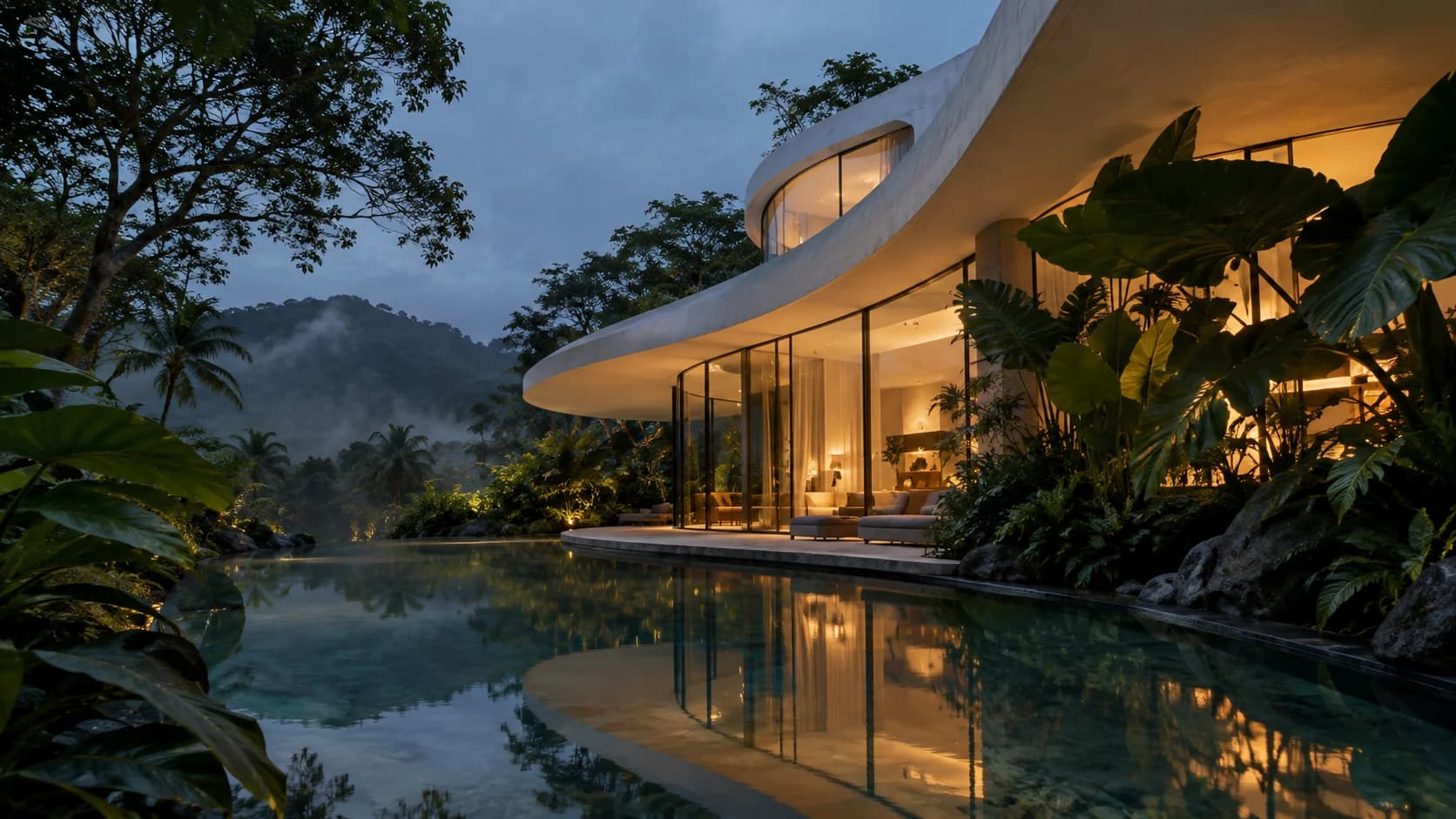 Creative reference: a curved tropical house and reflecting pool at blue hour