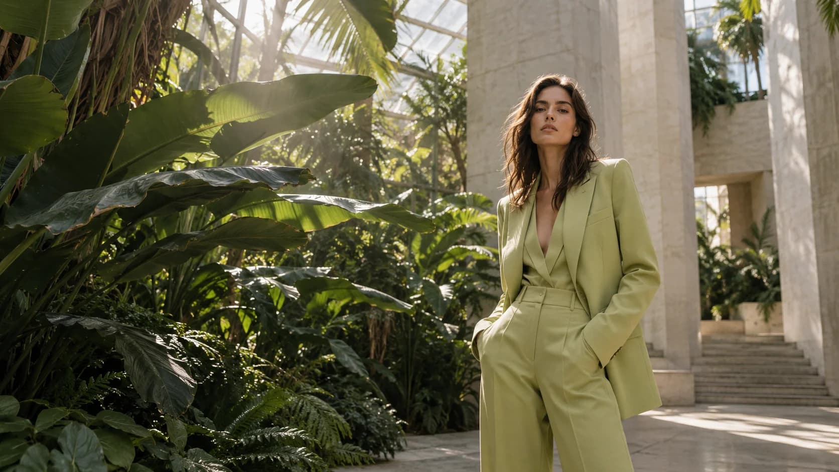 Fashion campaign concept featuring a model in a pale green suit in a tropical atrium