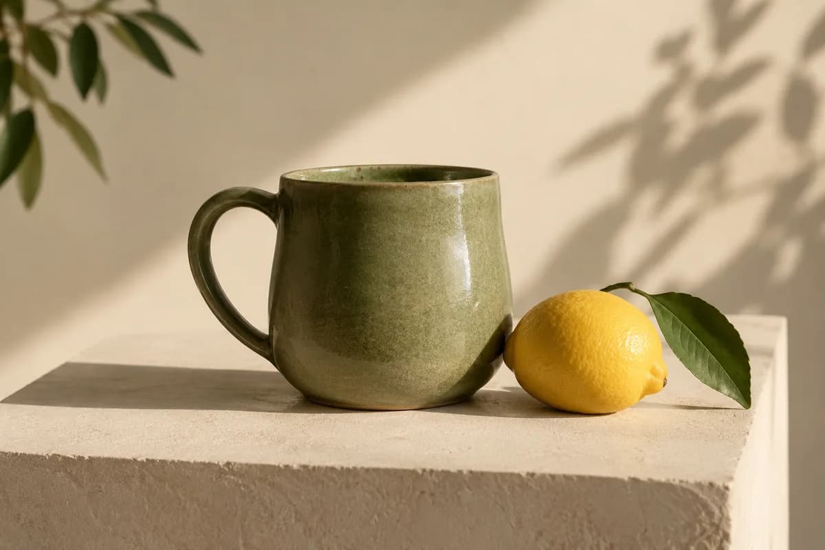 Creative reference: a single pale olive ceramic mug and a lemon on a cream plinth in soft daylight