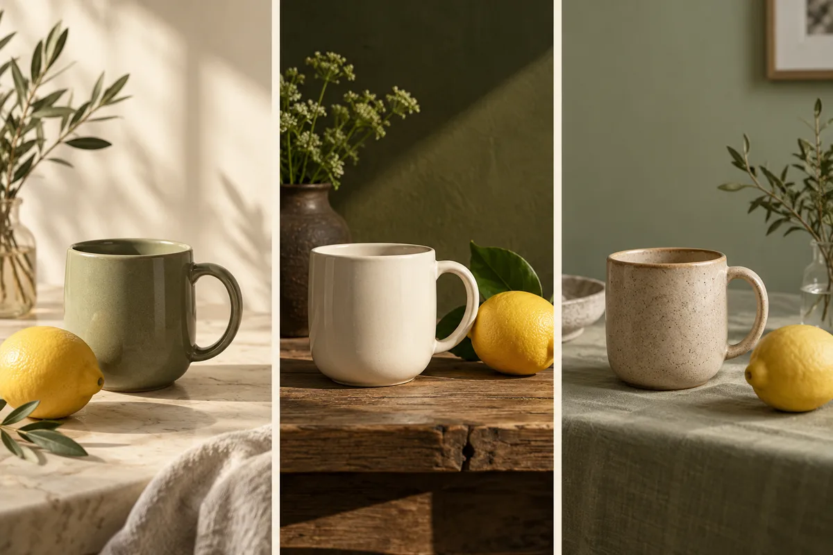 Creative reference: three independent ceramic mug and lemon concepts with ivory, moss green and sage backgrounds