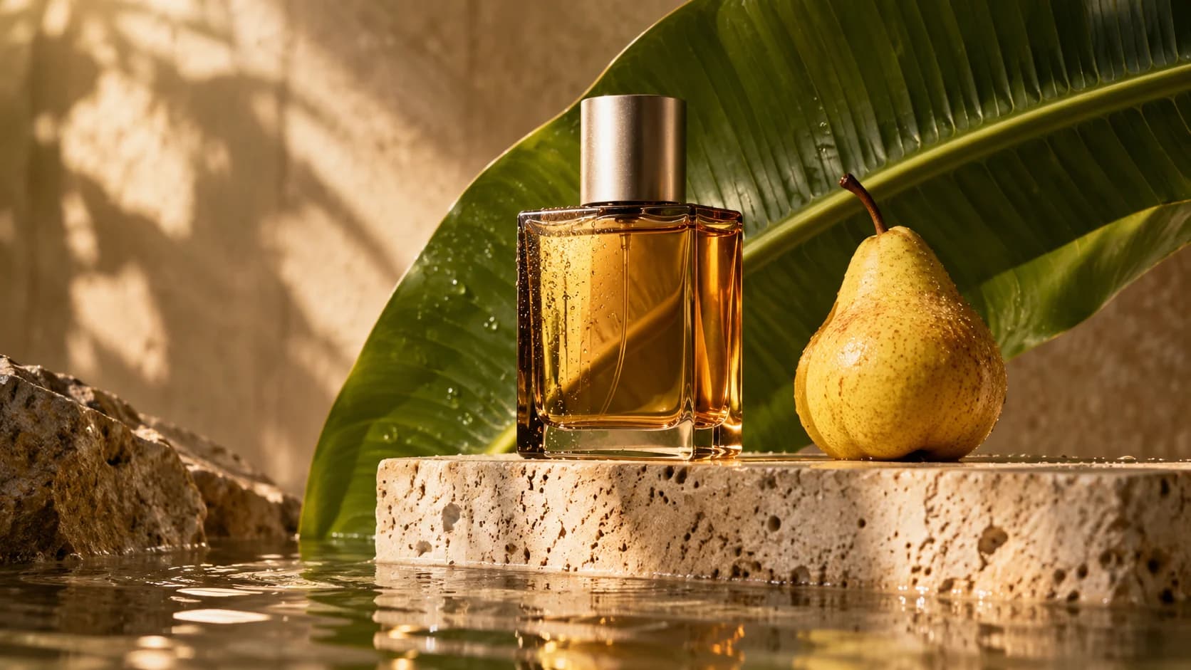 Creative reference: amber perfume glass and a pear on travertine in warm sunlight