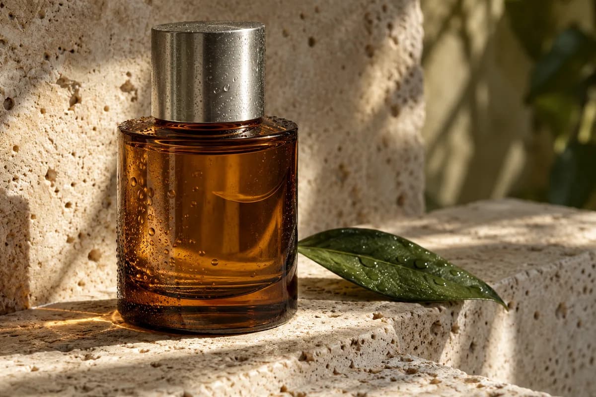 Creative reference: a close view of amber glass, water droplets, textured stone and an olive leaf in warm light