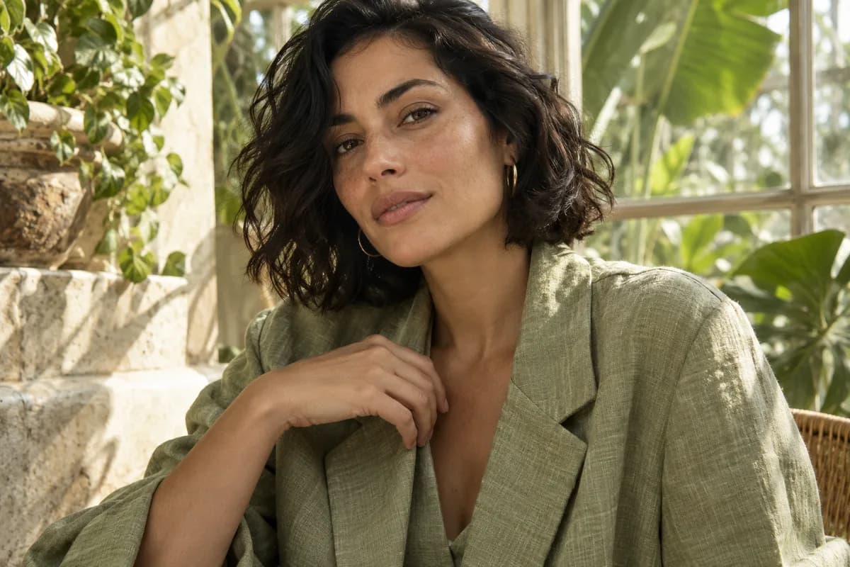 Creative reference: a fictional woman beside a greenhouse window with natural skin texture and detailed olive linen