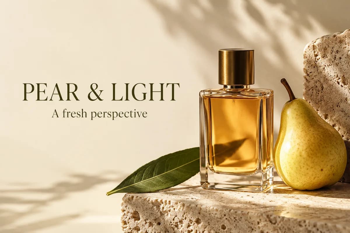 Creative reference: an amber perfume bottle and pear in a poster with the headline PEAR & LIGHT and the line A fresh perspective