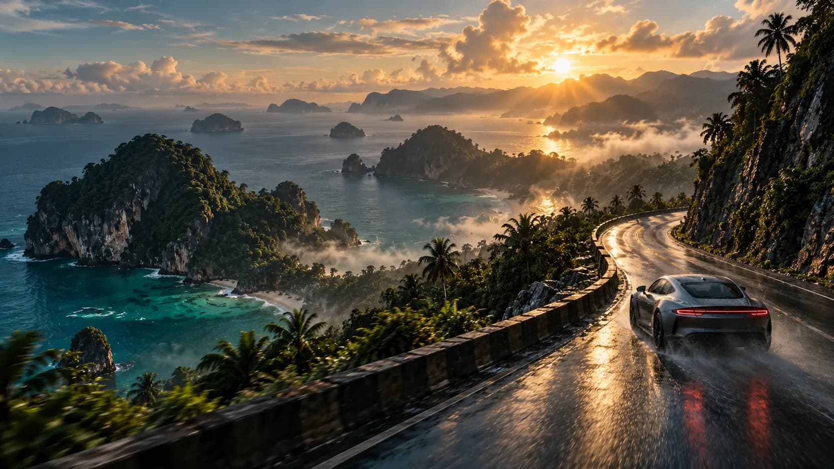 Creative reference: cinematic coastal road and a silver coupe at sunrise