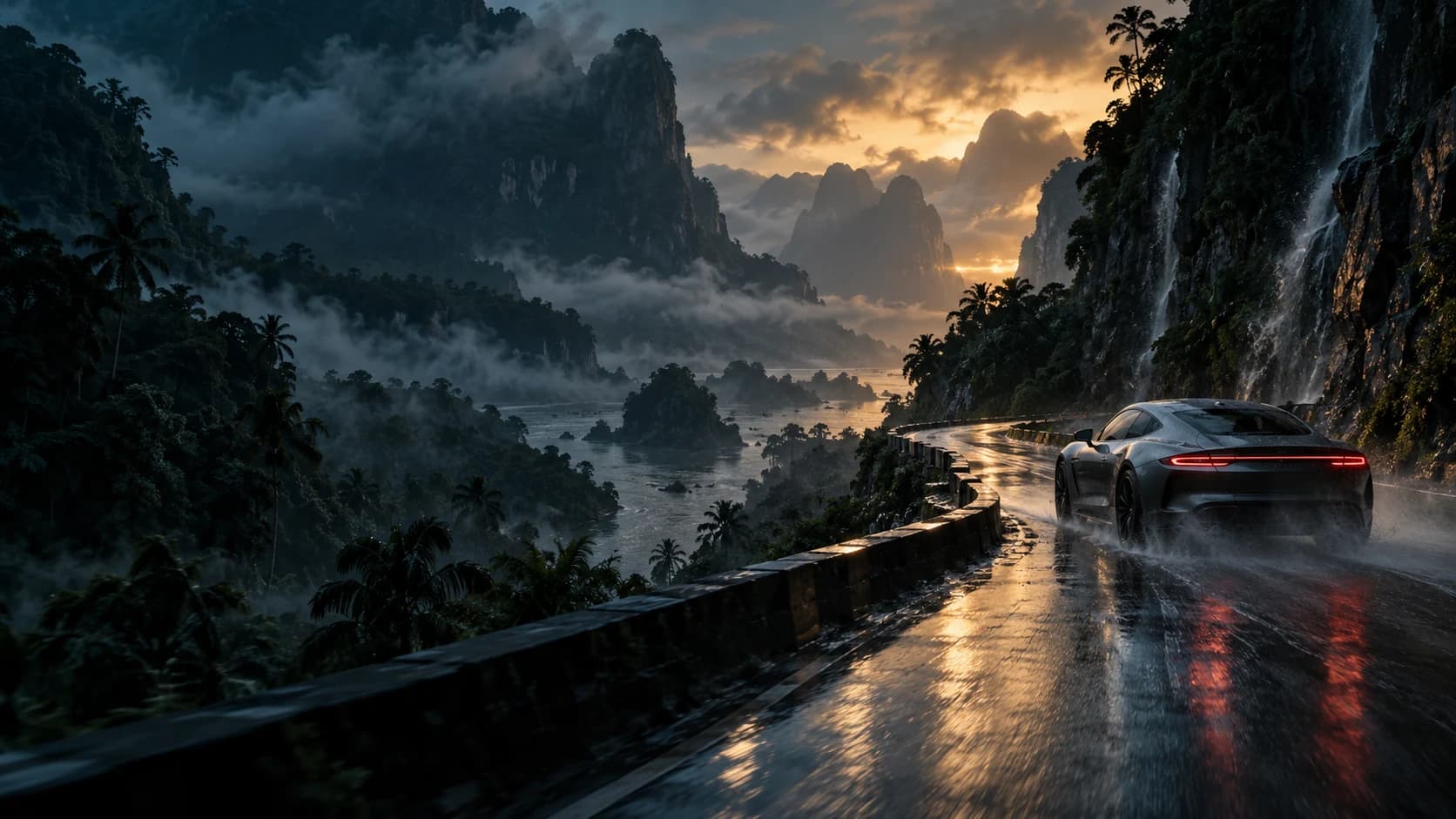Creative reference: silver coupe on a rain-soaked road through a misty tropical gorge