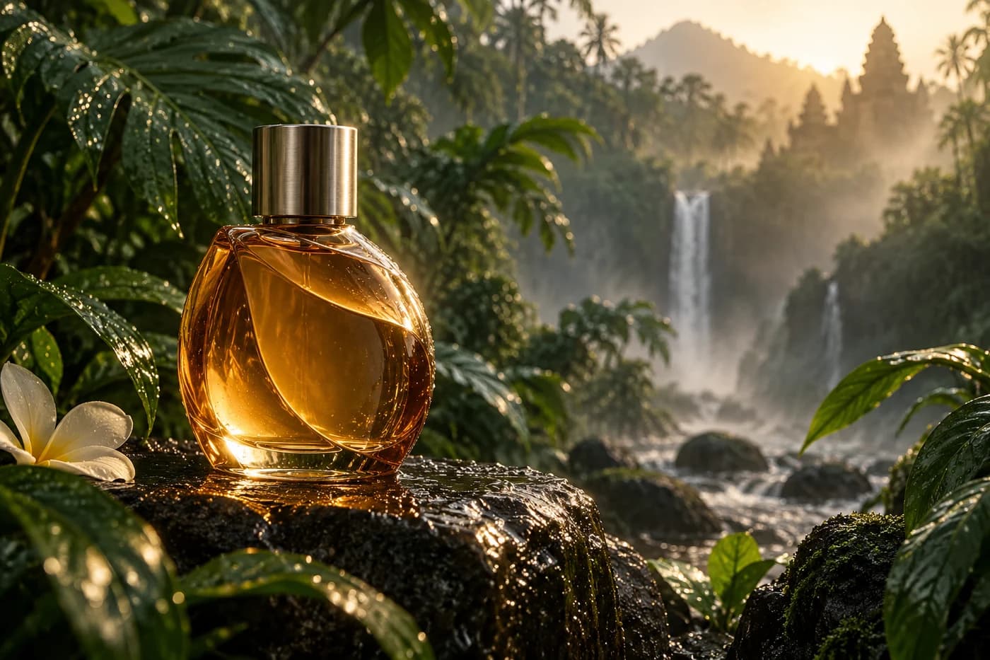 Creative brief for Video Edit: product scene with warm light, tropical leaves and mist