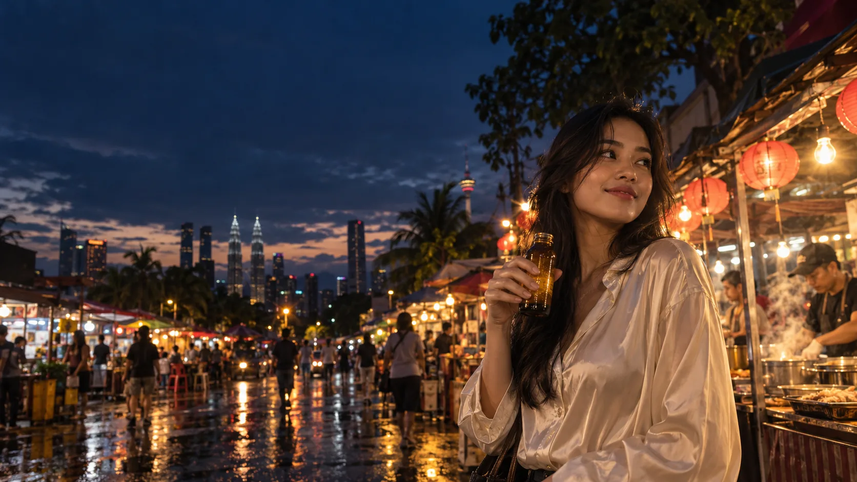 GPT creative reference: a woman holding an amber drink at a Malaysian night market in warm lantern light
