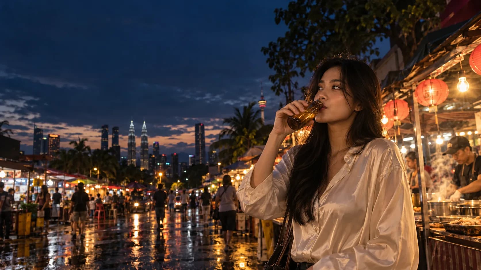 Illustrative last frame: the same woman lifts the same bottle to her lips in the same night-market shot