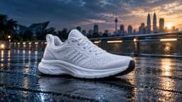 Actual input image: white running shoe on a wet bridge at sunrise in Kuala Lumpur