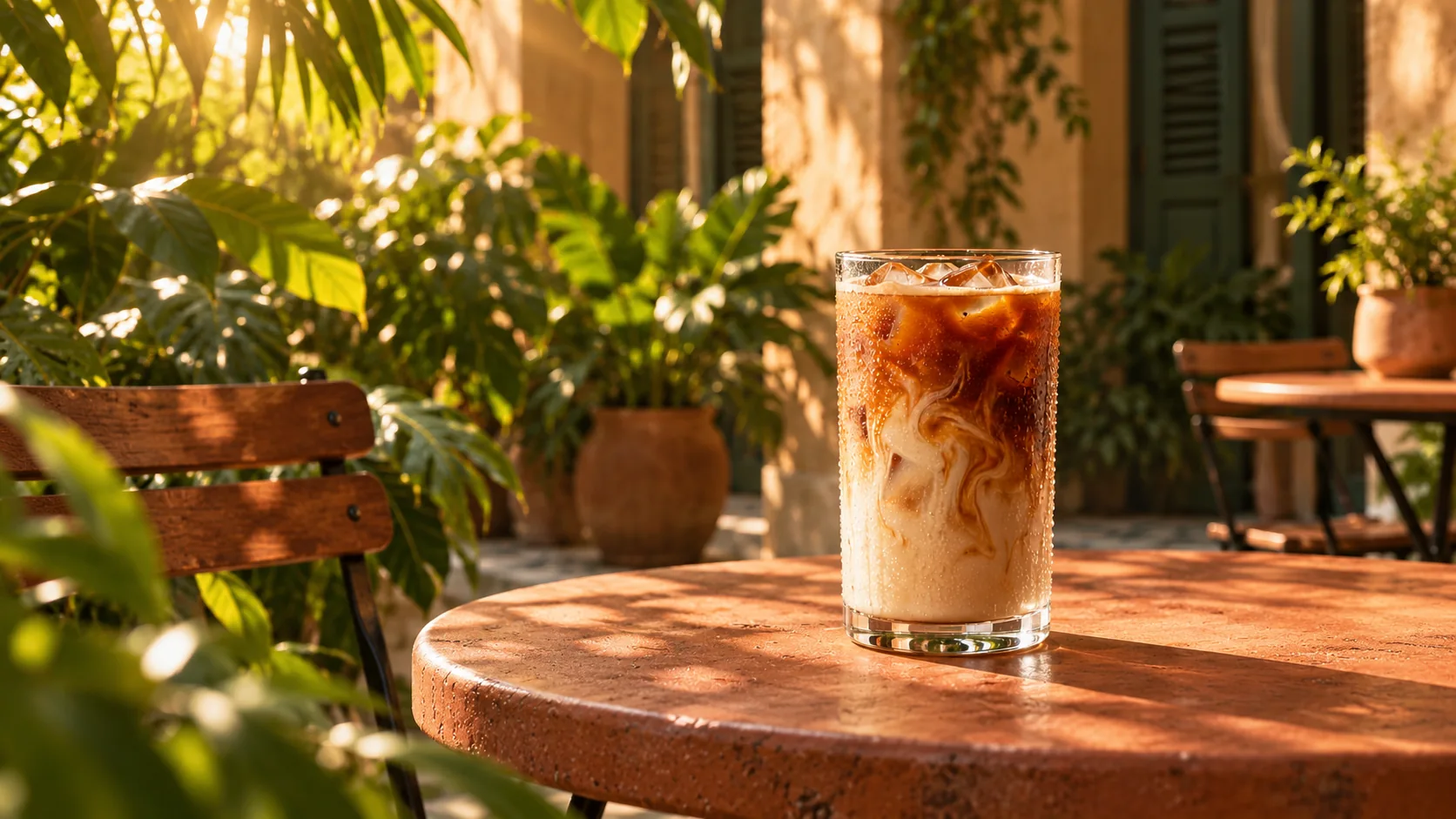 Iced latte on a table in a leafy tropical cafe