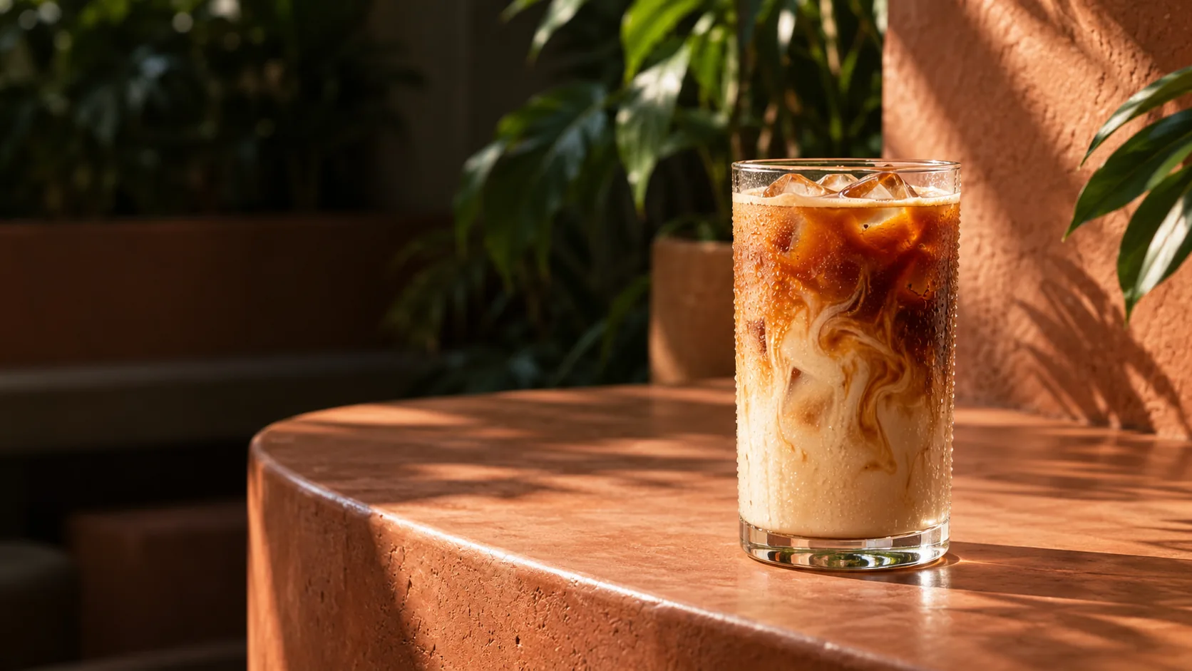 Iced latte revealed on a sunlit terracotta counter