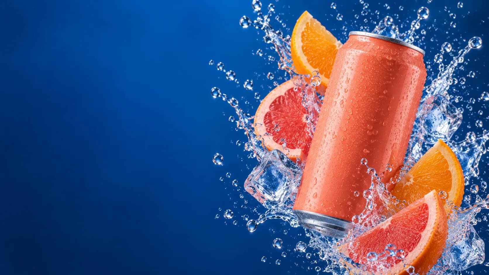 Original creative reference: unbranded coral beverage can with citrus and a water splash on a cobalt background; not a Seedream output
