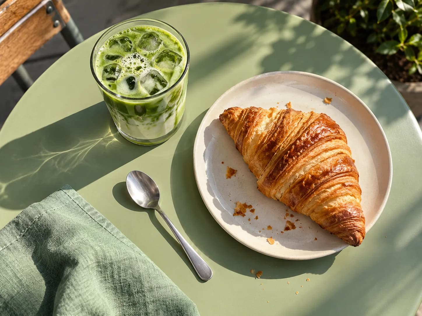 Cafe promotion concept with matcha and a croissant on a sage table