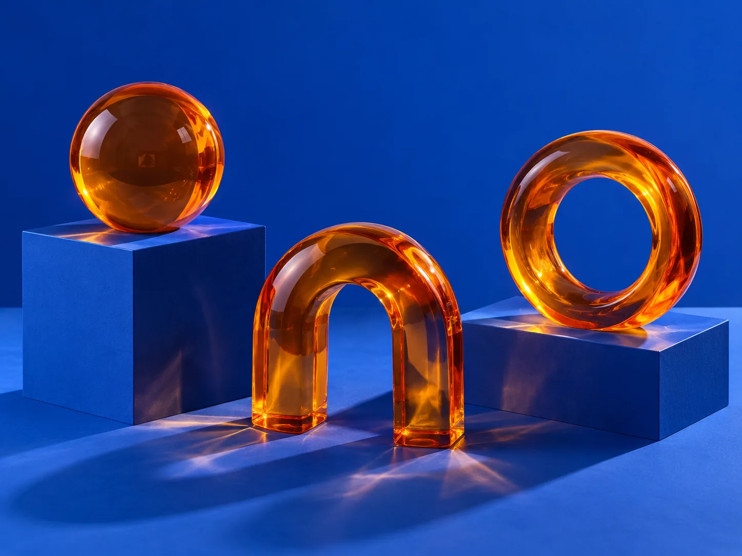 Original creative reference: Amber glass sculptures on cobalt-blue plinths with crisp studio shadows; not a Seedream output