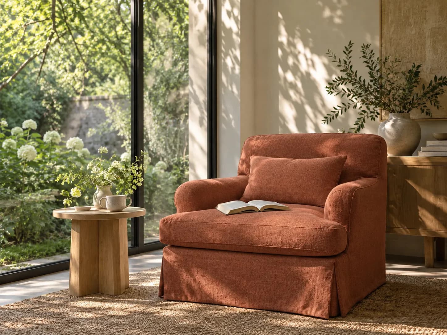 Creative reference: the reading corner with terracotta linen upholstery; not a Seedream Lite result