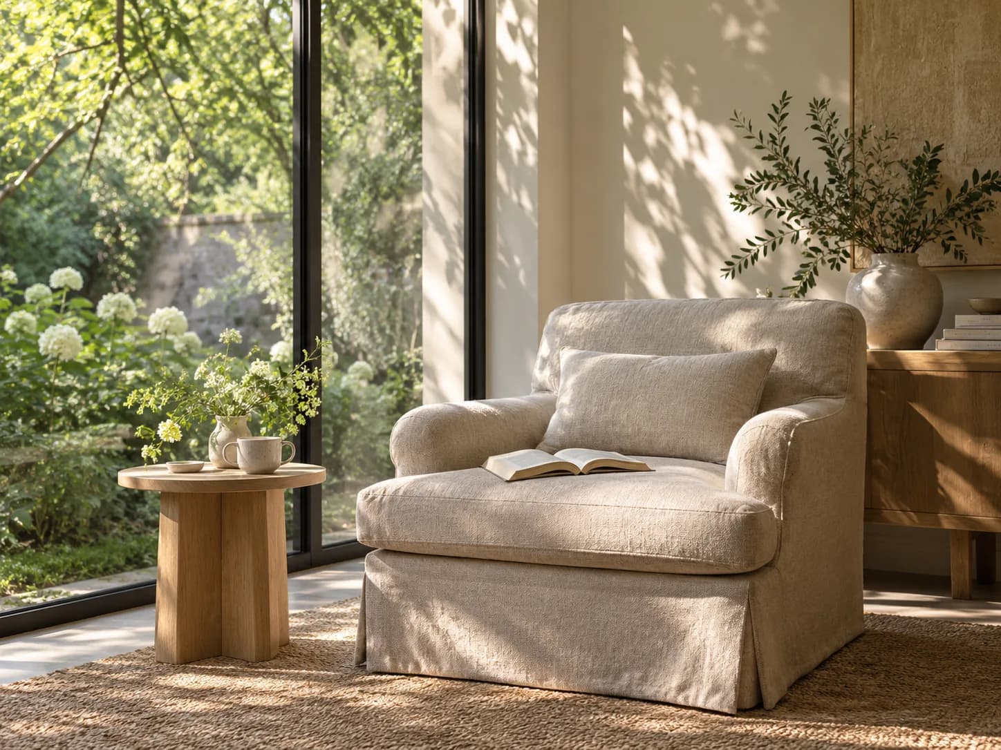 Original creative reference: Linen reading chair and oak side table beside a garden window; not a Seedream output