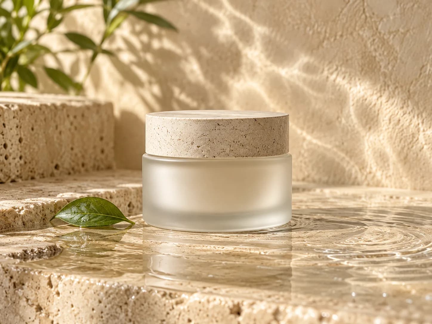 Illustrative skincare campaign with a frosted jar, soft sunlight and a green leaf