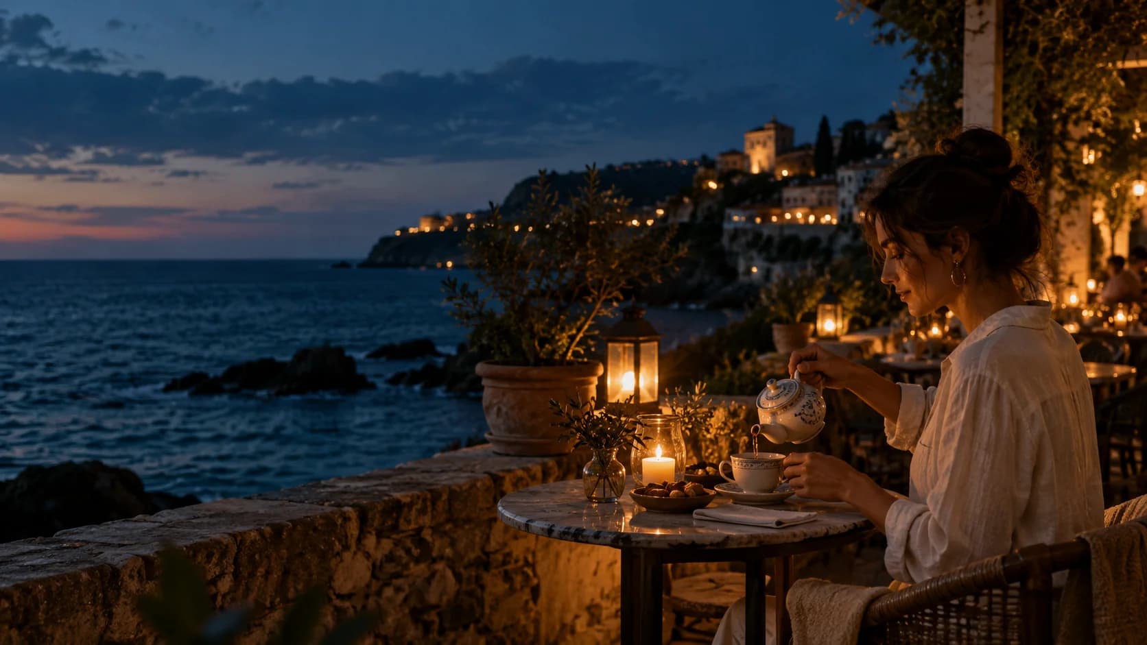 Creative reference: a woman pouring tea on a coastal cafe terrace at blue hour