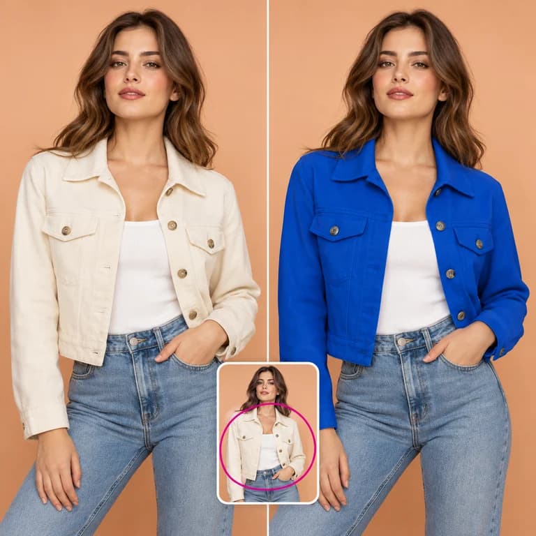Before and after recoloring a woman's cream jacket blue while keeping the same portrait.