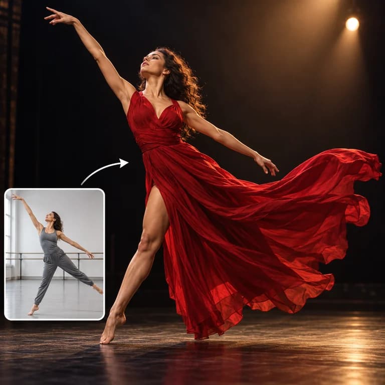 A dancer in a red dress matching the pose of a reference dancer in a studio.