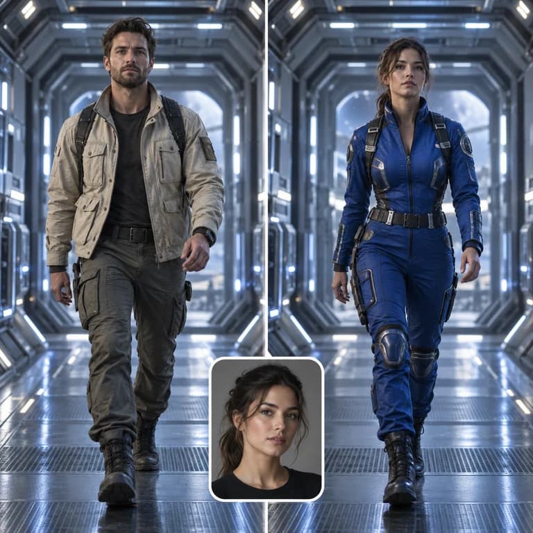 A man replaced by a woman in the same futuristic corridor using a portrait reference.