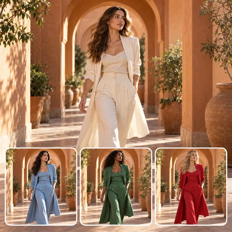 A fashion scene re-created with different women and outfit colors in the same courtyard.