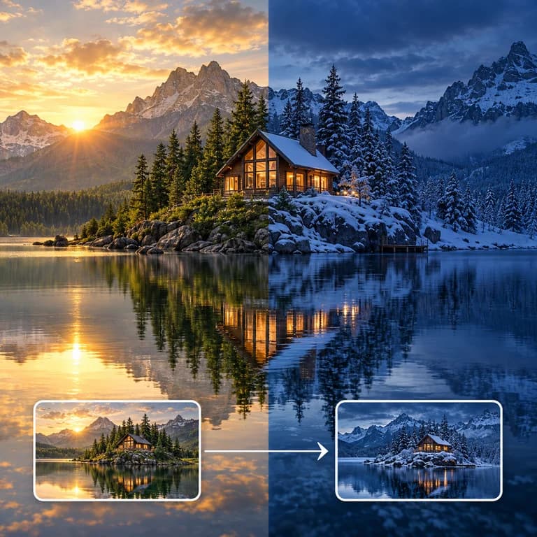 A lakeside cabin transitioning from golden daylight to a snowy blue evening.