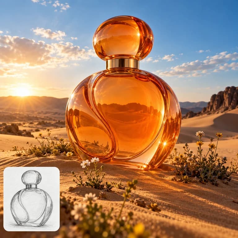 An amber perfume bottle in a sunlit desert, with a pencil sketch of the bottle as reference.
