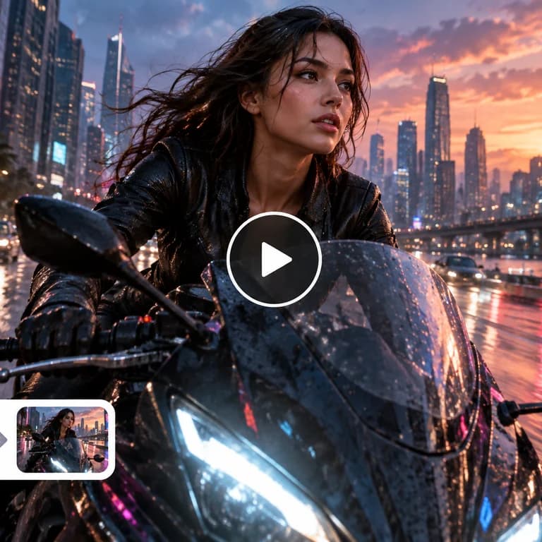 A woman riding a motorcycle through a rain-soaked city at sunset.