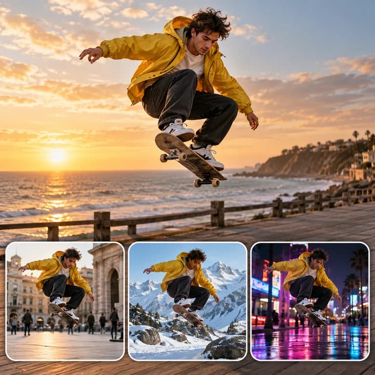 The same skateboard jump reimagined in a city square, snowy mountains, and a neon-lit street.