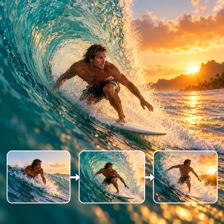 Three consecutive frames of a surfer continuing through a wave at sunset.