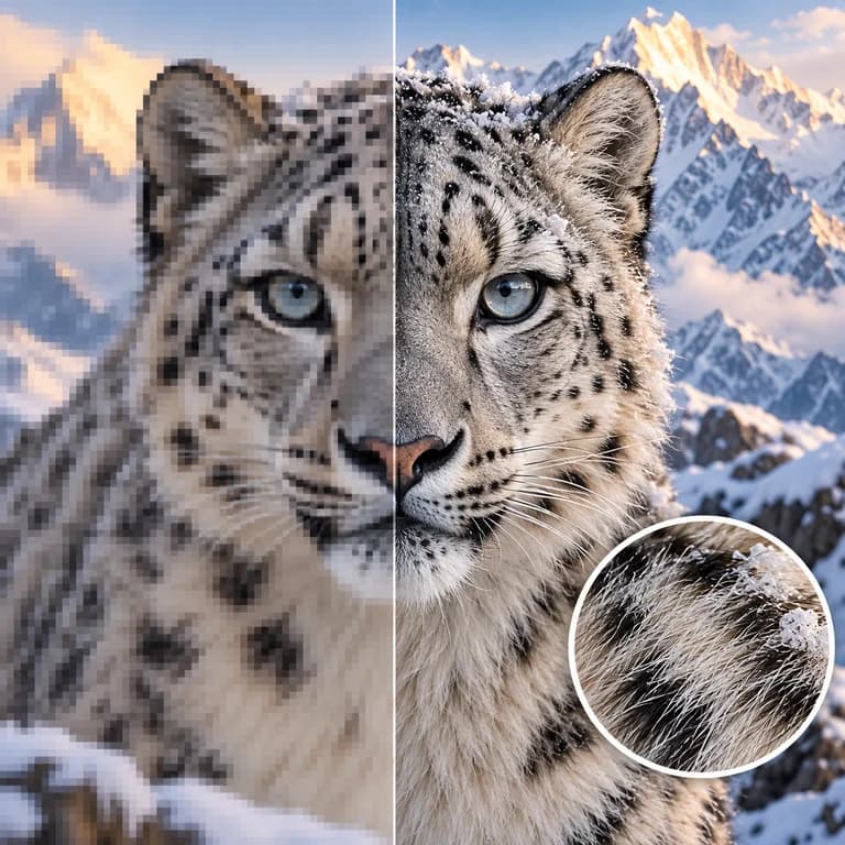 Side-by-side snow leopard detail before and after sharpening a pixelated video frame.