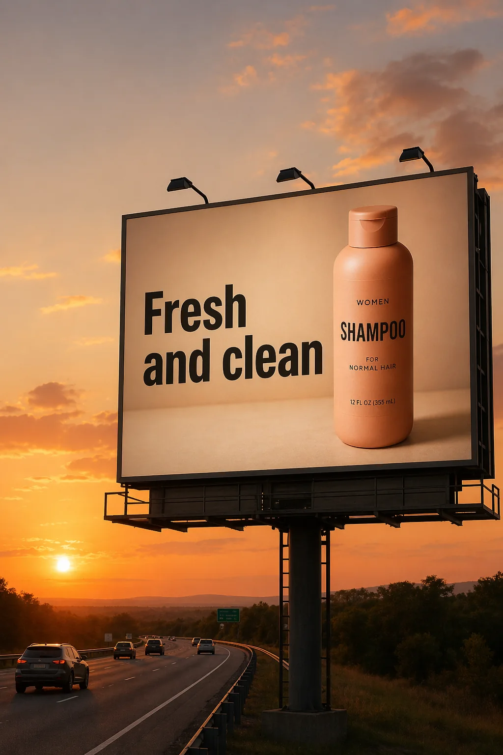 OpenAI GPT Image 2 output: a shampoo advertising billboard beside a highway at sunset