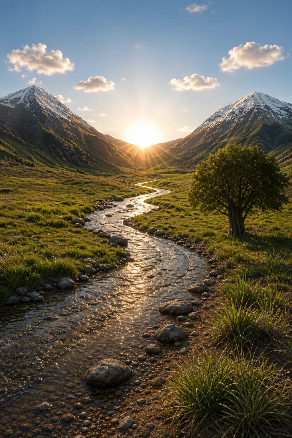 OpenAI GPT Image 2 output: a mountain valley with a winding stream and warm sunlight, rendered from a sketch
