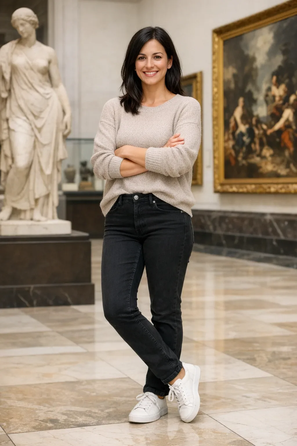 OpenAI reference image: a woman standing in a museum before an outfit edit